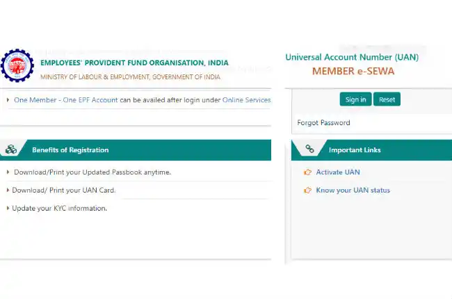 EPFO India website screenshot showing login options, benefits like printing UAN card, updating KYC, and important links for account activation.