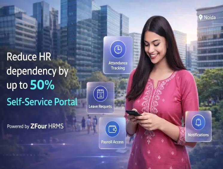 ZFour HRMS employee self-service portal for attendance, leave requests, payroll access, and notifications in Noida